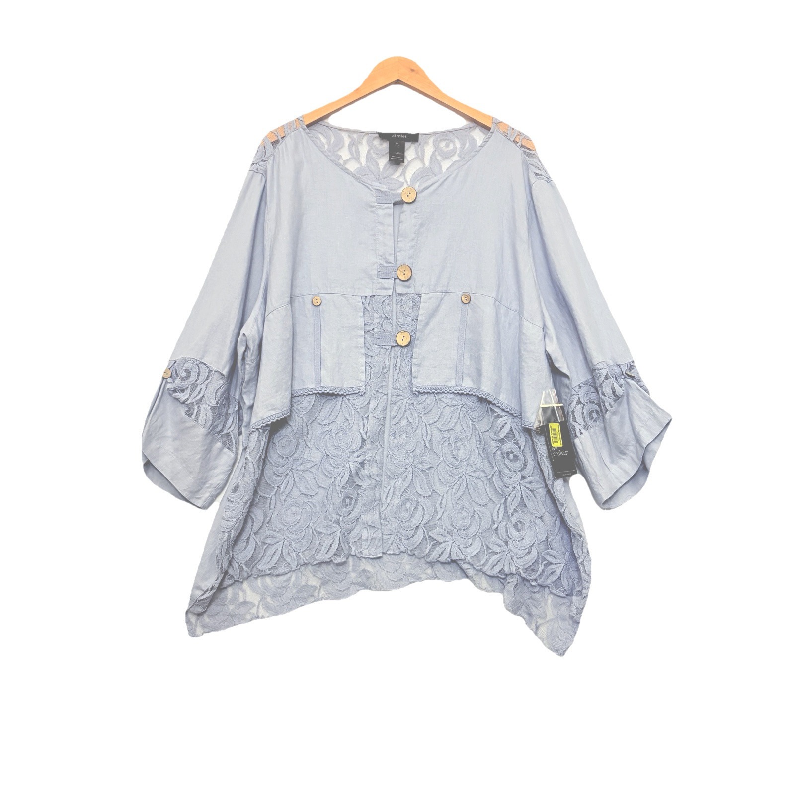 Ali Miles Womens Top Tunic 3x Blue Layered Lace Linen Button Lagenlook Artsy New
